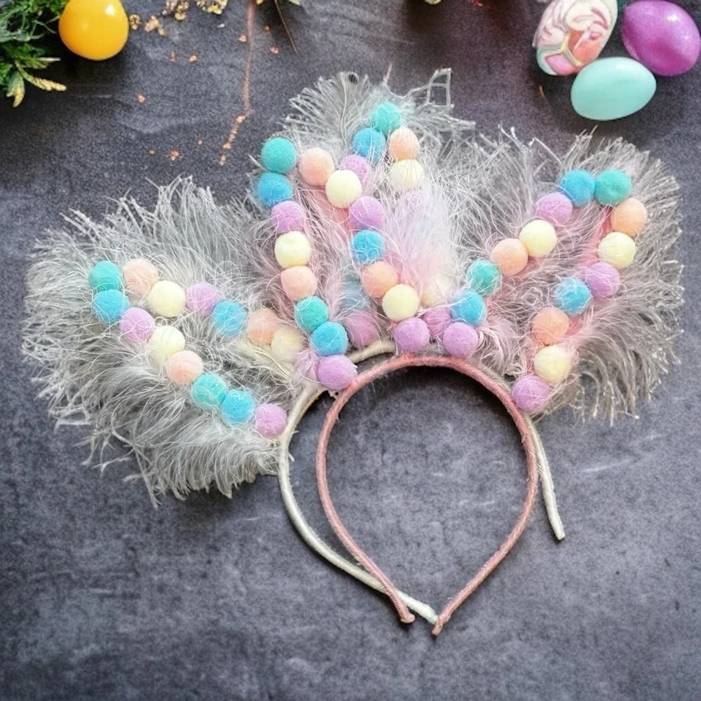 Pom Pom Easter Bunny Ears - Rabbit Ears, Easter Headpiece, Easter Headband